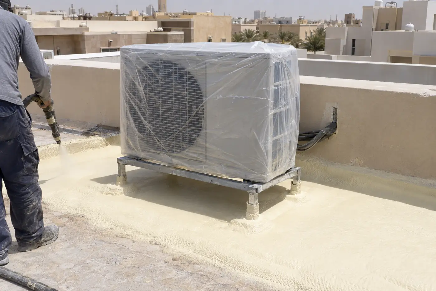 غطاء بلاستيكي على وحدة مكيف فوق سطح أثناء رش الفوم حول دعاماتها